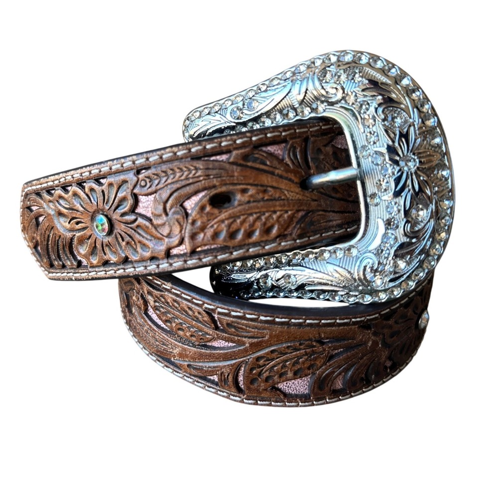 Ariat Womens Brown Tooled Leather Western Belt Rhinestone Buckle A1513430 Size S